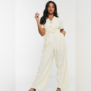 Topshop Petite Belted Jumpsuit in Cream